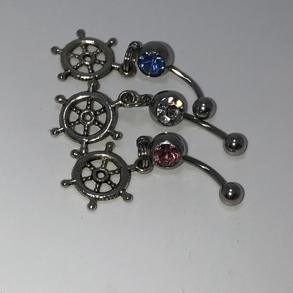 Pink Gem Nautical Wheel Design Dangle Belly Ring - Picture 12 of 12